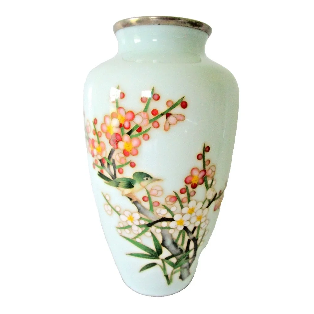 Japanese Cloisonné Vase Bird & Blossom Floral Motif 7.25